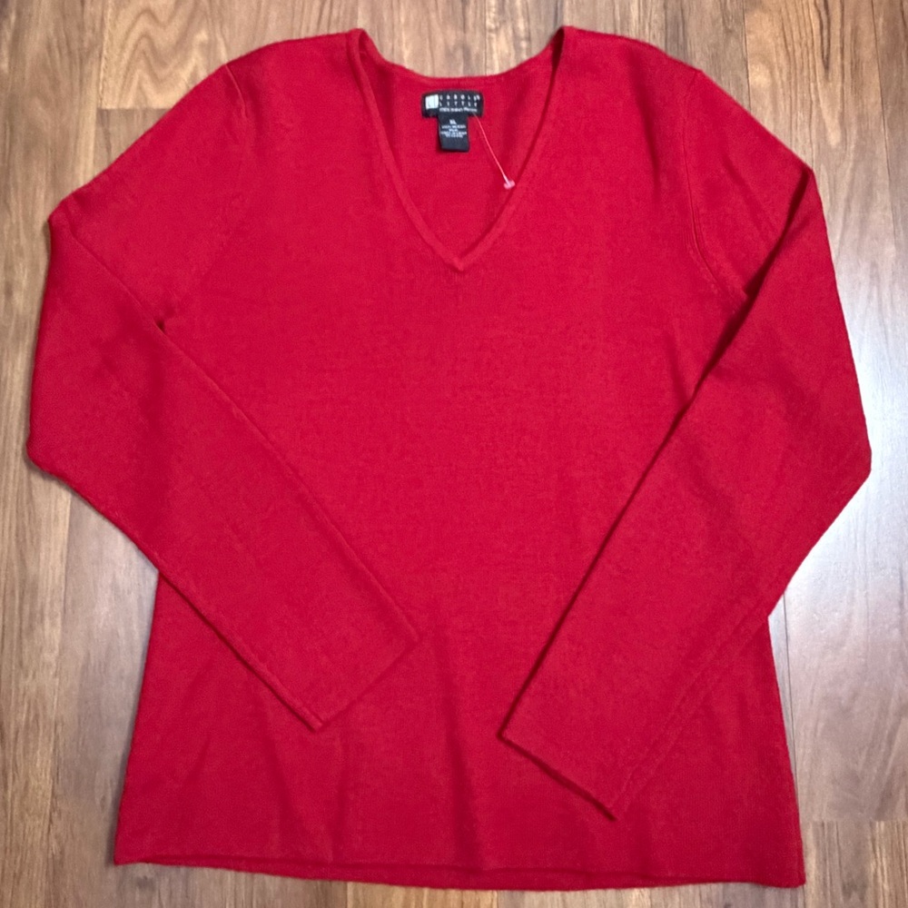 Carole Little Women's 100% Italian Merino Wool Red V-Neck Sweater Size XL